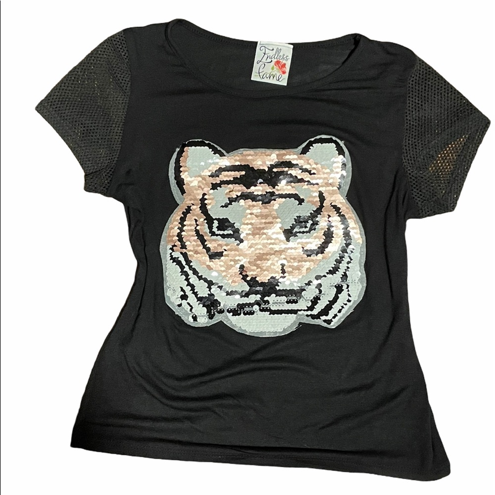 Cute Tiger Sequins Top Mesh Sleeves